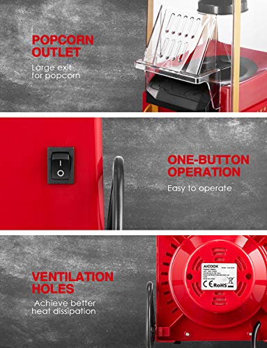 Palomitero, Aire Caliente Sin Grasa Aceita, Aicook Vintage Máquina de Palomitas con Gran Capacidad, Libre de BPA, Rojo