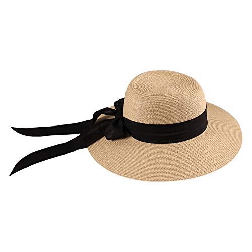 Pamela Mujer Verano de Paja de ala Ancha con Lazo Sombrero para Sol Playa Viaje Vacación (lu-176-beige, 56cm)