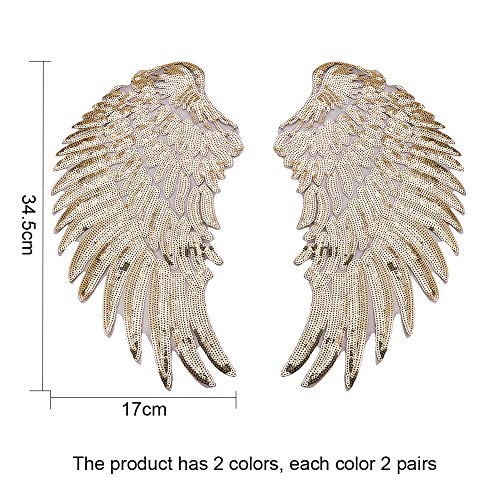 PandaHall Elite 4 pares de tela bordada dorada y plateada para planchar/coser en parches con forma de alas para coser o planchar para camiseta, pantalones vaqueros o bolsas de ropa
