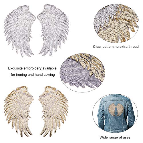 PandaHall Elite 4 pares de tela bordada dorada y plateada para planchar/coser en parches con forma de alas para coser o planchar para camiseta, pantalones vaqueros o bolsas de ropa