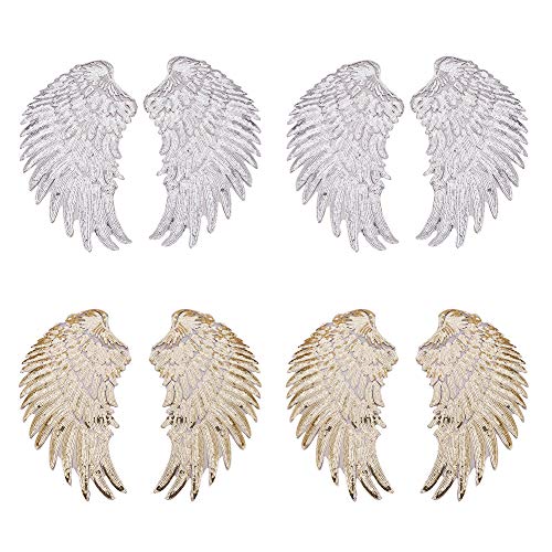 PandaHall Elite 4 pares de tela bordada dorada y plateada para planchar/coser en parches con forma de alas para coser o planchar para camiseta, pantalones vaqueros o bolsas de ropa