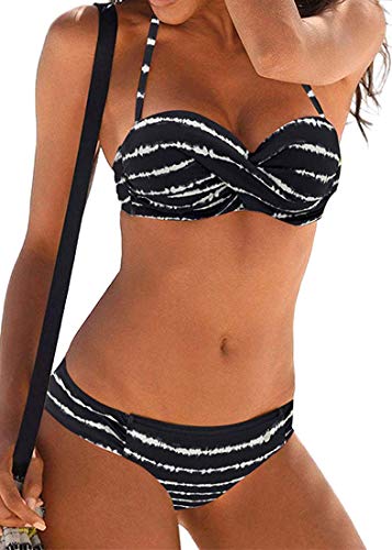 PANOZON Bikinis Mujer 2020 Traje de Baño Sexy Cuello Halter Acolchado Bañador para Piscina Césped Verano (S, Negro Blanco)