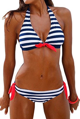 PANOZON Bikinis Mujer Bañador Sexy Traje de Baño Push Up Colgando al Cuello 2 Colores Opcionales (XX-Large, Azul-1)