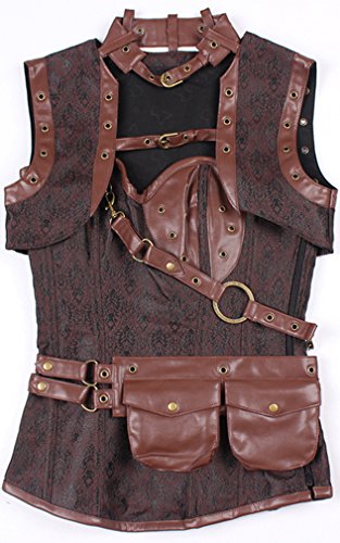 PANOZON Corpiño de Corsé para Mujer de Estilo de Punk con Chal y Bolsillo Huesos de Acero (4X-Large, Marrón)