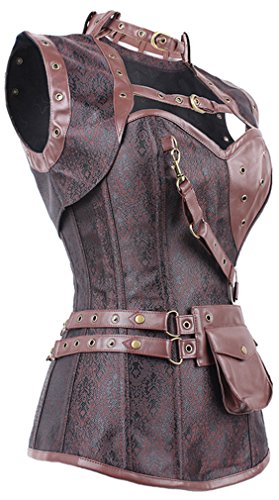 PANOZON Corpiño de Corsé para Mujer de Estilo de Punk con Chal y Bolsillo Huesos de Acero (4X-Large, Marrón)