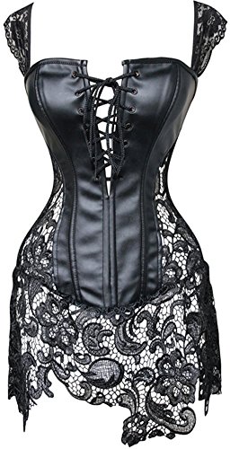 PANOZON Corsé de Vestido Cuero Bustier Sexy para Mujer Lencería Erótica Corpiños Gótico de Encaje (Large, Negro)