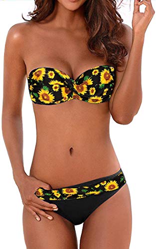 PANOZON Mujer Bikini Traje de Baño Sexy Cuello Halter Acolchado Conjunto Pushup Braga 2 Piezas (L, Girasol)
