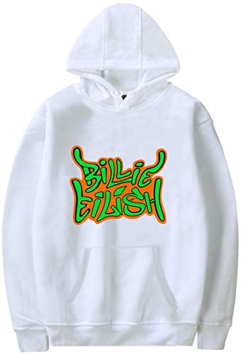 PANOZON Sudadera Billie Eilish Mujer con Capucha Impresa de Logo Hoodie Pull-Over Negra Casual para Chicas Jóvenes Fanes de Billie Eilish (L, Blanco 38)