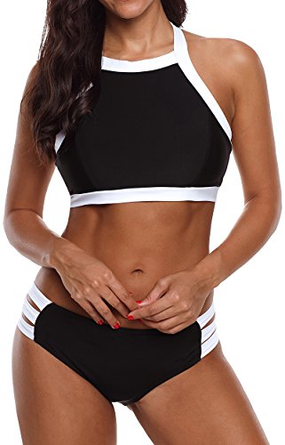 PANOZON Trajes de baño de Las Mujeres Halter Beach Trajes de baño Bikini (S, 1Negro Blanco)