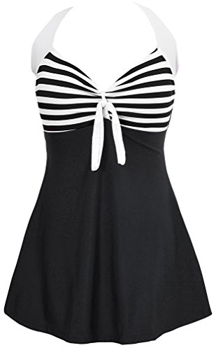 PANOZON Vestido de Traje de Baño para Mujer en la Playa para Verano con Falda Opcionales (3X-Large, Negro Blanco-3)
