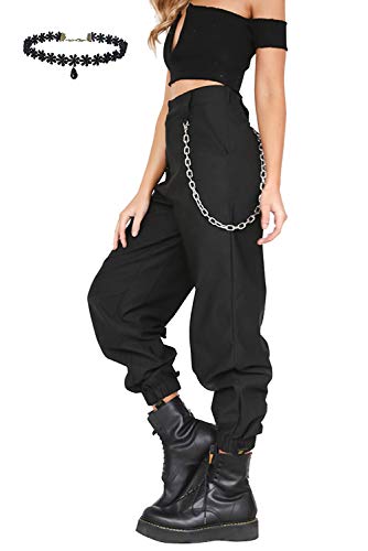 Pantalon con Cadena y Bolsillos Mujer Retro Boyfriend Pantalone Chandal Cargo Baggy Hip Hop Danza Harem Pants Leggins Deporte Cintura Alta Sólido Casual Trousers Verano Pantalones Punk Rock Streetwear