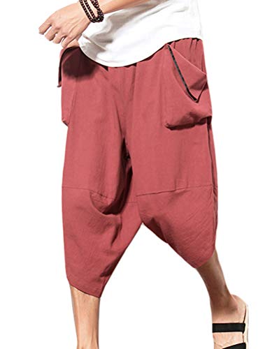 Pantalones De Harén Verano Hombres Pantalones Bombachos Color Sólido Sueltos Hippie Pantalones De Aladino