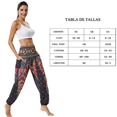 Pantalones de Yoga Mujer Harem Boho del Lazo del Pavo Real Flaral Funky #2 Flor Impresa-B