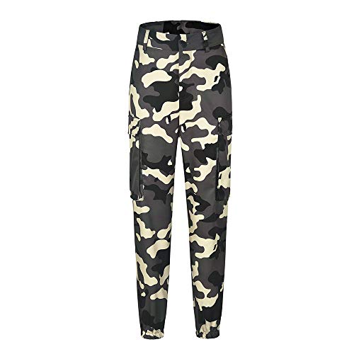 Pantalones Militares Mujer Cintura Alta Pantalon de Camuflaje de Chándal Hip Hop Punk Rock Casuales Tumblr Streetwear Sin cinturón Moda 2019 Yvelands(Caqui,S)