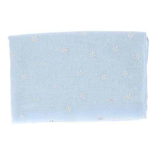 Pañuelo Mujer estampado Pájaro Golondrina Plateado 30% Algodón 70% Viscosa Azul celeste - Maxi Bufanda Ligera Larga y Rectangular 180cm x 70cm - Foulard Original Brillante Moderno - Fular Boho