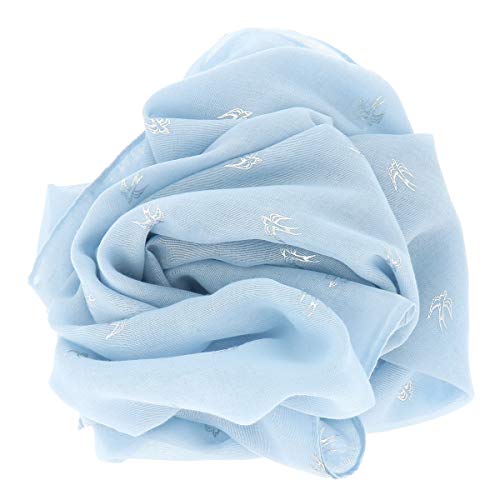 Pañuelo Mujer estampado Pájaro Golondrina Plateado 30% Algodón 70% Viscosa Azul celeste - Maxi Bufanda Ligera Larga y Rectangular 180cm x 70cm - Foulard Original Brillante Moderno - Fular Boho
