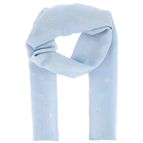 Pañuelo Mujer estampado Pájaro Golondrina Plateado 30% Algodón 70% Viscosa Azul celeste - Maxi Bufanda Ligera Larga y Rectangular 180cm x 70cm - Foulard Original Brillante Moderno - Fular Boho