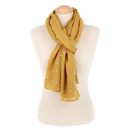 Pañuelo Mujer Perlas y Pedrería Suave 100% Algodón Amarillo mostaza - Maxi Bufanda Larga y Rectangular 190cm x 70cm - Foulard Original Colorido y Brillo Moderno - Fular Estola Matrimonio