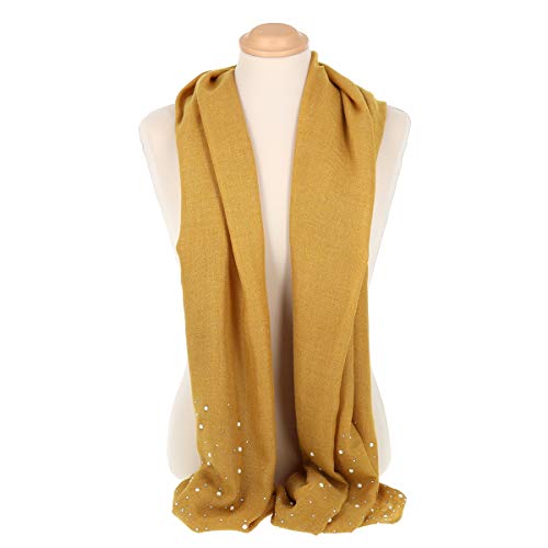 Pañuelo Mujer Perlas y Pedrería Suave 100% Algodón Amarillo mostaza - Maxi Bufanda Larga y Rectangular 190cm x 70cm - Foulard Original Colorido y Brillo Moderno - Fular Estola Matrimonio