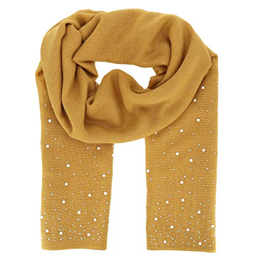 Pañuelo Mujer Perlas y Pedrería Suave 100% Algodón Amarillo mostaza - Maxi Bufanda Larga y Rectangular 190cm x 70cm - Foulard Original Colorido y Brillo Moderno - Fular Estola Matrimonio