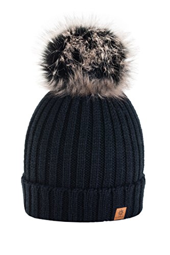 Para Mujer Invierno Más Cálido Sombrero Gorra with Large Pom Pom de la Bola Gorra tejida Gorra Grande Snowboard Ski Bobble Circle Little Crystals 4sold (Black)