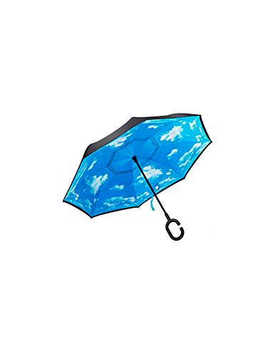 Paraguas a Prueba de Viento y Protector Solar a Prueba de Lluvia Paraguas Reversible Paraguas con Parachoques invertido con Mango en Forma de C (Cielo Azul y Nubes Blancas)