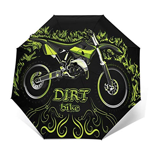 Paraguas Plegable Automático Impermeable Motocross Dirt Bike Verde, Paraguas De Viaje Compacto a Prueba De Viento, Folding Umbrella, Dosel Reforzado, Mango Ergonómico
