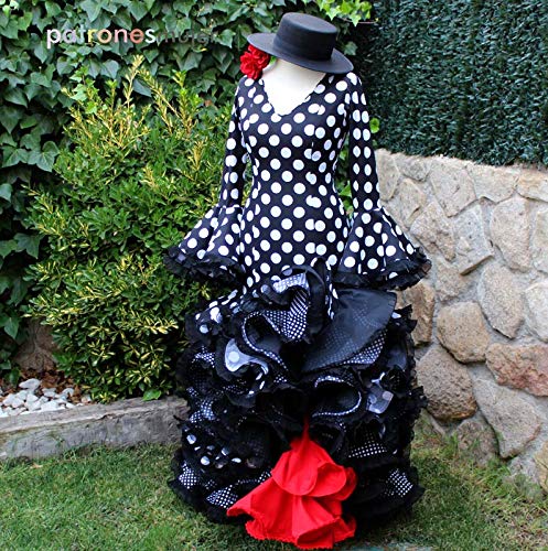 Patrón de costura vestido flamenca Largo para hacerlo tú misma. Tutorial en vídeo para ayudarte a realizarlo. Talla 38 a la 52. Patrón multitalla en papel.