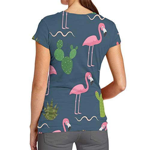 Patrón de flamenco rosa con cactus tropicales en la oscuridad, camiseta casual de manga corta para mujer, blusa de cuello redondo, cómoda, poliéster, Blanco, Large