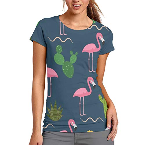 Patrón de flamenco rosa con cactus tropicales en la oscuridad, camiseta casual de manga corta para mujer, blusa de cuello redondo, cómoda, poliéster, Blanco, Large