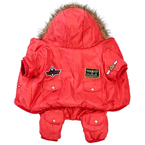PAWZ Road Invierno Calentar Abrigo de Perro A Prueba de Viento Chaqueta USA Fuerza Aerea Sudadera con Capucha para Mascotas Ropa Perrito 4 piernas Traje de Esquiar Vestir Disfraz Rojo 5XL