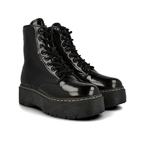 PAYMA - Botas Militares de Mujer con Plataforma. Botas de Combate Estilo Punk Biker Casual. Color Negro con Cosido Beige