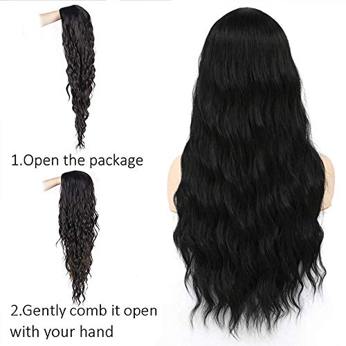 Peluca rizada negra larga peluca niña synthetic hair wig(1B) despedida media ondas pelo rizado peluca mujer 24inch (60cm)