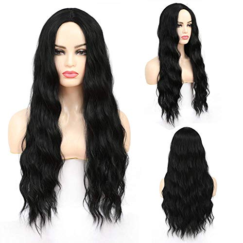 Peluca rizada negra larga peluca niña synthetic hair wig(1B) despedida media ondas pelo rizado peluca mujer 24inch (60cm)