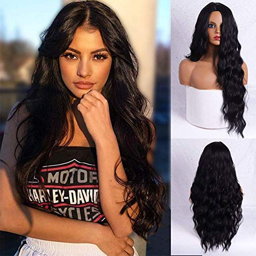 Peluca rizada negra larga peluca niña synthetic hair wig(1B) despedida media ondas pelo rizado peluca mujer 24inch (60cm)