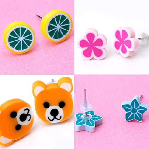 Pendientes para niñas, Comius 100 Pares Hecho a mano Hipoalergénico Color mezclado Cerámica suave Animales Pendientes de botón para Mujeres (Aguja de acero)