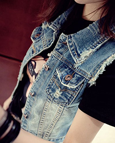 PengGeng Mujer Corto Casual Solapa Chaleco Vaquero Sin Manga Chaqueta Vaquera Azul L