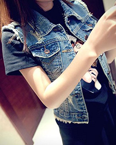 PengGeng Mujer Corto Casual Solapa Chaleco Vaquero Sin Manga Chaqueta Vaquera Azul L