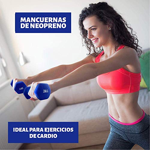 PERPETUAL Mancuernas 2KG (2 Unidades) Neopreno Pesas Ligeras Pequeñas Hexagonales Pilates Body Pump Hombre Mujer Ejercicio Gimnasio Casa Fitness Dumbbell