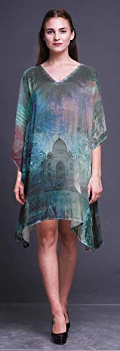 Phagun Verde Taj Mahal monumentos Vestido de Playa Midi Corto de Caftan Traje de baño Playa Kaftan para Mujer-S-L