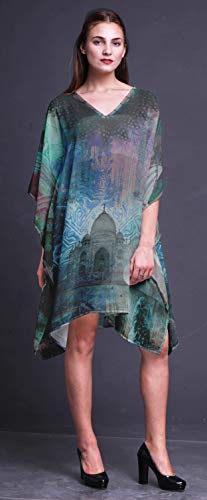 Phagun Verde Taj Mahal monumentos Vestido de Playa Midi Corto de Caftan Traje de baño Playa Kaftan para Mujer-S-L