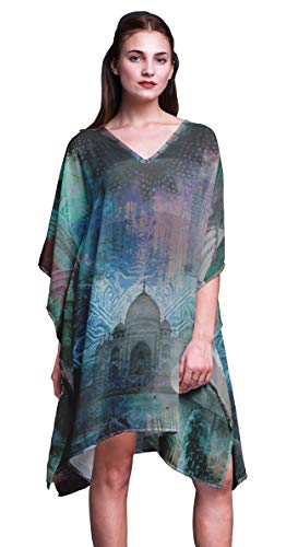 Phagun Verde Taj Mahal monumentos Vestido de Playa Midi Corto de Caftan Traje de baño Playa Kaftan para Mujer-S-L
