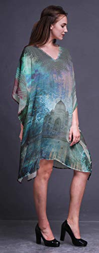 Phagun Verde Taj Mahal monumentos Vestido de Playa Midi Corto de Caftan Traje de baño Playa Kaftan para Mujer-S-L