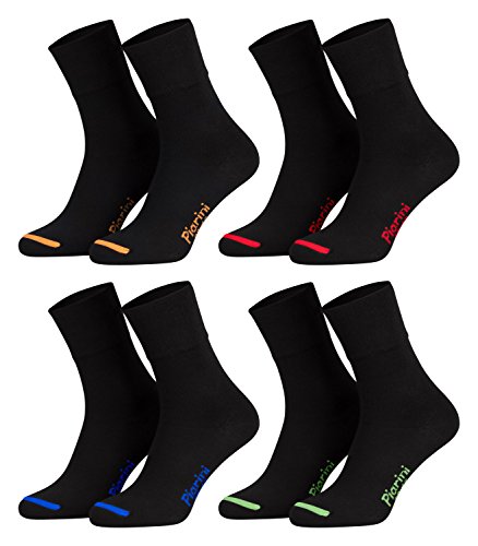 Piarini - 8 pares de calcetines unisex - Sin elástico - Caña cómoda - Negro con puntera de color - 43-46
