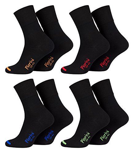 Piarini - 8 pares de calcetines unisex - Sin elástico - Caña cómoda - Negro con puntera de color - 47-50