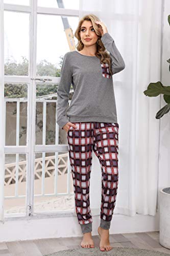 Pijamas Mujer Conjunto de Pijama a Cuadros para Dama Pjs Top Ropa de Dormir Camisa y Pantalones con Bolsillo Manga Larga Soft Lounge Sets Ropa de Cama Loungewear (B# Gris, XL)