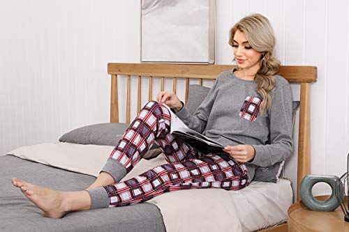 Pijamas Mujer Conjunto de Pijama a Cuadros para Dama Pjs Top Ropa de Dormir Camisa y Pantalones con Bolsillo Manga Larga Soft Lounge Sets Ropa de Cama Loungewear (B# Gris, XL)
