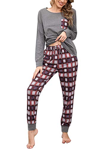 Pijamas Mujer Conjunto de Pijama a Cuadros para Dama Pjs Top Ropa de Dormir Camisa y Pantalones con Bolsillo Manga Larga Soft Lounge Sets Ropa de Cama Loungewear (B# Gris, XL)