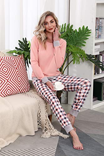 Pijamas Mujer Conjunto de Pijama a Cuadros para Dama Pjs Top Ropa de Dormir Camisa y Pantalones con Bolsillo Manga Larga Soft Lounge Sets Ropa de Cama Loungewear (B# Rosa, 2XL)