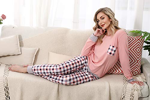 Pijamas Mujer Conjunto de Pijama a Cuadros para Dama Pjs Top Ropa de Dormir Camisa y Pantalones con Bolsillo Manga Larga Soft Lounge Sets Ropa de Cama Loungewear (B# Rosa, 2XL)